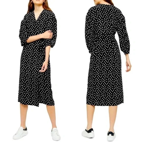 Topshop Heart Print Midi Wrap Dress Black White size 2 - Picture 1 of 10